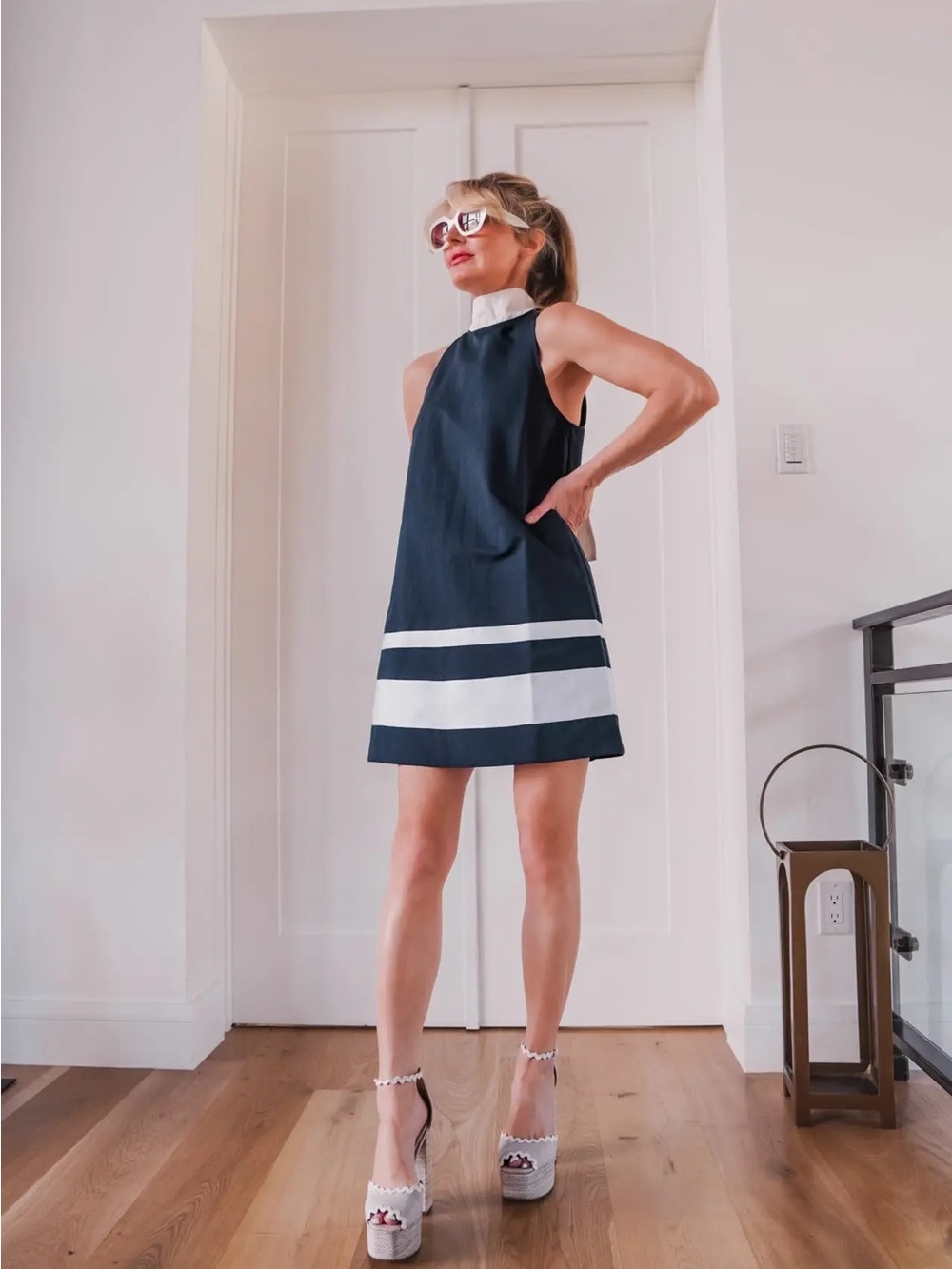 Navy and White Bow-Back Mini Shift Dress